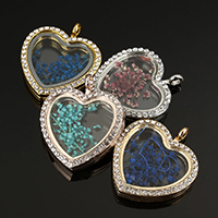 Zink Alloy Flytande Locket Pendant, med Torkade blommor & Glas, Hjärta, plated, med strass, fler färger för val, nickel, bly och kadmium gratis, 30x36x7mm, Hål:Ca 4mm, 10PC/Lot, Säljs av Lot