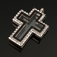 Sinc Alloy Floating Locket siogairlín, le Gloine, Cross, dath ardaigh ór plátáilte, le rhinestone, nicil, luaidhe & caidmiam saor in aisce, 30x44x8mm, Poll:Thart 4mm, Trastomhas Istigh:Thart 22x30mm, 10ríomhairí pearsanta/Lot, Díolta De réir Lot