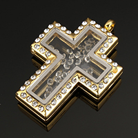 Zink Alloy Flytande Locket Pendant, med Glas, Cross, guldfärg pläterade, med strass, nickel, bly och kadmium gratis, 30x44x8mm, Hål:Ca 4mm, 10PC/Lot, Säljs av Lot