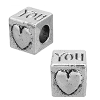 Perles European en alliage de zinc, cube, mot que vous, Plaqué de couleur d'argent, avec le motif de coeur & sans filetage, protéger l'environnement, sans nickel, plomb et cadmium, 8x8x19mm, Trou:Environ 4.5mm, 500PC/lot, Vendu par lot