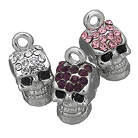 Zink Alloy Skull hängen, platina pläterad, Halloween smycken gåva & med strass, fler färger för val, nickel, bly och kadmium gratis, 8x16.50x11mm, Hål:Ca 2mm, 100PC/Lot, Säljs av Lot