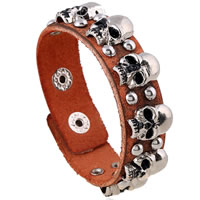 Bracelet homme, cuir de peau de vache, avec alliage de zinc, crane, Placage, with rivet stud & réglable & pour homme, protéger l'environnement, sans nickel, plomb et cadmium, 20mm, Vendu par Environ 8.8 pouce brin