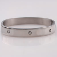 Rozsdamentes acél bangle, Stainless Steel, strasszos, az eredeti szín, 9mm, Belső átmérő:Kb 67x59mm, Hossz Kb 7.2 inch, Által értékesített PC