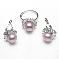 Naturliga Odlade Sötvatten Pearl Jewelry Sets, finger ring & örhänge, Mässing, med Freshwater Pearl, platina pläterad, med cubic zirconia, nickel, bly och kadmium gratis, 19x30x14mm, 15x14x19mm, Storlek:7, Säljs av Ställ