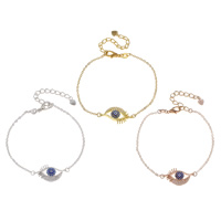 Bracelet Evil Eye bijoux, laiton, avec 5cm chaînes de rallonge, œil, Placage, motif de mauvais œil & chaîne ovale & pavé de micro zircon & émail, plus de couleurs à choisir, protéger l'environnement, sans nickel, plomb et cadmium, 24x13x4mm, Longueur Environ 6.5 pouce, 5Strandstoron/sac, Vendu par sac