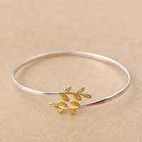 925 Sterling Silver Bangle, Leaf, plátáilte, 17mm, Trastomhas Istigh:Thart 58mm, Fad Thart 7.5 Inse, 2ríomhairí pearsanta/Lot, Díolta De réir Lot