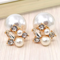 Pendientes de Doble Bola, aleación de zinc, con Perlas de plástico ABS & Cristal, acero inoxidable aguja de pendiente, chapado en color dorado, facetas & con diamantes de imitación, libre de plomo & cadmio, 16mm, Vendido por Par