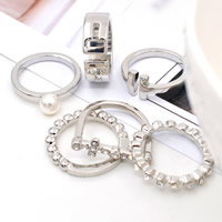 Sinc Alloy Ring Set, le ABS Pearl plaisteach, dath platanam plátáilte, le rhinestone, luaidhe & caidmiam saor in aisce, 16-17mm, Méid:5-6.5, 6ríomhairí pearsanta/Socraigh, Díolta De réir Socraigh