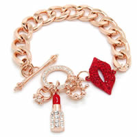 Rhinestone Armbånd, Zinc Alloy, med jern kæde, Lip, rosa guld farve forgyldt, med malede & twist oval kæde & emalje & med rhinestone, bly & cadmium fri, 210mm, Længde Ca. 8 inch, 3Strands/Bag, Solgt af Bag