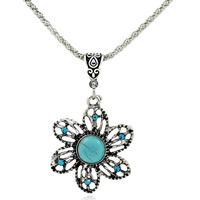 Zinklegering halskettingen, Zinc Alloy, met ijzeren ketting & Synthetische Turquoise, met 5cm extender keten, Bloem, antiek zilver plated, lantaarn keten & met strass, lood en cadmium vrij, 33x33mm, Lengte Ca 18.5 inch, 3strengen/Bag, Verkocht door Bag