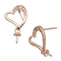 Composant boucle d'oreille tombante en argent sterling 925, coeur, Plaqué d'or rose, pavé de micro zircon, 9x11x12mm, 3x6.5x3mm, 0.8mm, 0.9mm, 5pairescouple/lot, Vendu par lot