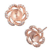 Clou boucle d'oreille en argent sterling 925, fleur, Plaqué d'or rose, pavé de micro zircon, 12x11x14mm, 0.8mm, 0.9mm, 5pairescouple/lot, Vendu par lot