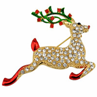 Broches de Noël, alliage de zinc, gazelle, Placage de couleur d'or, Bijoux de Noël & émail & avec strass, sans plomb et cadmium, 43x50mm, 3PC/sac, Vendu par sac