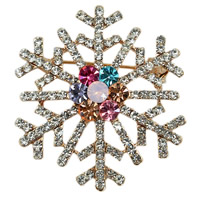 Broche de strass, alliage de zinc, flocon de neige, Placage de couleur d'or, avec strass, sans plomb et cadmium, 22mm, 3PC/sac, Vendu par sac