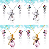 Parures de bijoux en cristal, boucle d'oreille & collier, alliage de zinc, avec Plastique ABS perle & chaîne de fer & cristal, acier inoxydable puce boucle d'oreille, larme, Placage, chaîne de torsion ovale & facettes & avec strass, plus de couleurs à choisir, sans plomb et cadmium, 32x19mm, 49x21mm, Longueur Environ 15.5 pouce, Vendu par fixé