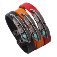 Unisex la pulsera y el brazalete, Cuero de PU, con Turquesa sintético & aleación de zinc, Pluma, chapado en color de plata antigua, unisexo, más colores para la opción, Vendido para aproximado 8.6 Inch Sarta