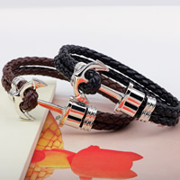 Unisex Bracelet, cuir de peau de vache, Alliage de zinc fermoir, ancre, Placage, modèle nautique & unisexe & 2 fils, plus de couleurs à choisir, Vendu par Environ 8 pouce brin