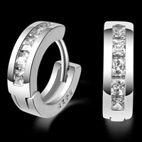 Mässing Huggie Öronring, äkta silver plated, med cubic zirconia, leda & kadmiumfri, 14x4mm, Säljs av Par