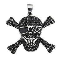 Roestvrij staal Skull Hangers, Schedel, met strass & zwart maken, 55.50x48.50x12mm, Gat:Ca 7.5x10.5mm, Verkocht door PC