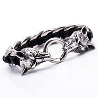 De Armband van mensen, Titanium Staal, met PU, Draak, voor de mens & zwart maken, 15mm, Lengte Ca 8.5 inch, 3strengen/Bag, Verkocht door Bag