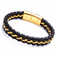 Pulseira masculina, Partículas de aço, with Couro do plutônio, cromado de cor dourada, para o homem, 12mm, comprimento Aprox 8 inchaltura, 3vertentespraia/Bag, vendido por Bag