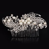 Bridal capelli decorativo Comb, lega in zinco, with Perle di plastica ABS, Foglia, placcato color argento, per la sposa & con strass, assenza di piombo & cadmio, 114x60mm, Venduto da PC