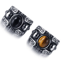 Rustfrit stål Mænd Finger Ring, Titanium Stål, med Tiger Eye & Sort Agate, Flad Oval, forskellige materialer til valg & forskellig størrelse for valg & for mennesket & med rhinestone & sværte, 7-12mm, Solgt af PC