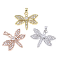 Terningformet Zirkon Micro Pave Messing vedhæng, Dragonfly, forgyldt, Micro Pave cubic zirconia, flere farver til valg, nikkel, bly & cadmium fri, 21x18x2mm, Hole:Ca. 2x3mm, Solgt af PC