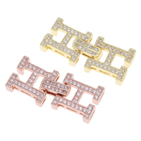 Messing Fold Over Clasp, Bogstavet H, forgyldt, Micro Pave cubic zirconia, flere farver til valg, nikkel, bly & cadmium fri, 27x11x4mm, Hole:Ca. 1mm, Solgt af PC