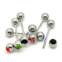 Stainless Steel Tongue ring, 316L rostfritt stål, med strass, blandade färger, 19mm, 6mm, 5mm, 20PC/Lot, Säljs av Lot