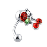 Rustfrit stål Belly Ring, 316L Stainless Steel, Cherry, med rhinestone, oprindelige farve, 11x1.6mm, 5mm, 10pc'er/Lot, Solgt af Lot