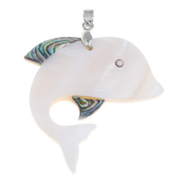 Natuurlijke Mozaïek Shell Hangers, Freshwater Shell, met messing borgtocht & Abalone Schelp, Dolfijn, platinum plated, 38x56x4mm, Gat:Ca 4x3mm, 10pC's/Bag, Verkocht door Bag