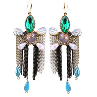 Faisean Fringe Earrings, Sinc Alloy, le slabhra iarann & Bán Shell & Crystal, práis Hook earring, tassel, dath an óir plated, lámhdhéanta & le péinteáilte & ilghnéitheach & le rhinestone, luaidhe & caidmiam saor in aisce, 78x24mm, Díolta De réir Péire