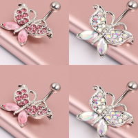 Rustfrit stål Belly Ring, Stainless Steel, med Krystal, Butterfly, facetteret & med rhinestone, flere farver til valg, 1.60x10x8mm, Solgt af PC