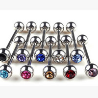 En acier inoxydable Barbell droite, avec strass, couleurs mélangées, 6mm, 5PC/sac, Vendu par sac