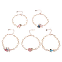 Bracelet en perles de culture d'eau douce, perle d'eau douce cultivée, avec Oeil de chat & laiton, avec 5cm chaînes de rallonge, Plaqué de couleur d'or rose, naturel & Coupe de fleurs & styles différents pour le choix & avec strass, 6-7mm, Vendu par Environ 6.5 pouce brin