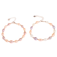 Zoetwater gekweekte parel armband, Zoetwater Parel, met Messing, met 5cm extender keten, Rijst, rose goud plated, natuurlijke & bloem gesneden, meer kleuren voor de keuze, 6-7mm, Per verkocht Ca 6.5 inch Strand