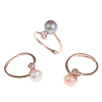 Freshwater Pearl fingerring, Messing, med Ferskvandsperle, Kartoffel, rosa guld farve forgyldt, naturlige & med rhinestone, flere farver til valg, nikkel, bly & cadmium fri, 7-8mm, 20x24x12mm, Størrelse:6.5, Solgt af PC