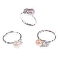 Pearl Fionnuisce Finger Ring, Prás, le Pearl Fionnuisce, Prátaí, dath platanam plátáilte, nádúrtha & le rhinestone, dathanna níos mó le haghaidh rogha, nicil, luaidhe & caidmiam saor in aisce, 7-8mm, 22x28x10mm, Méid:9, Díolta De réir PC