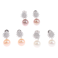 Ciúbach Zirconia Micrimhilseogra réiteodh Earring Prás, Pearl Fionnuisce, práis iar earring, Flower, dath platanam plátáilte, nádúrtha & micrea réiteach zirconia ciúbach, dathanna níos mó le haghaidh rogha, 7-8mm, 8x16x10mm, Díolta De réir Péire