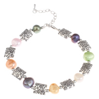 Sötvatten odlade Pearl Bracelet, Mässing, med Freshwater Pearl, med 4cm extender kedja, antik silver pläterad, flerfärgad, nickel, bly och kadmium gratis, 7-8mm, Såld Per Ca 7 inch Strand