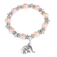 Sötvatten odlade Pearl Bracelet, Mässing, med Freshwater Pearl, Elefant, antik silver pläterad, naturliga & charm armband, nickel, bly och kadmium gratis, 10-11mm, Såld Per Ca 6 inch Strand