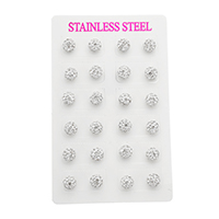 Stainless Steel Stud fülbevaló, -val Strasszos Clay Pave gyöngy, Kerek, 8x8x20mm, 12párok/Lot, Által értékesített Lot