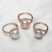 Bague perle d'eau douce, laiton, avec perle d'eau douce cultivée, pomme de terre, Plaqué de couleur d'or rose, naturel & pavé de micro zircon, plus de couleurs à choisir, protéger l'environnement, sans nickel, plomb et cadmium, 10-11mm, 20x13x27mm, Taille:9, Vendu par PC