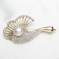 Freshwater Pearl Broche, Messing, med Ferskvandsperle, guldfarve belagt, naturlige & med rhinestone, nikkel, bly & cadmium fri, 61x31x12mm, Solgt af PC