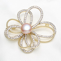 Freshwater Pearl Broche, Messing, med Ferskvandsperle, Flower, guldfarve belagt, naturlige & med rhinestone, nikkel, bly & cadmium fri, 54x48x15mm, Solgt af PC