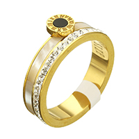 Strass roestvrij staal vinger ring, met strass klei pave & Hars, gold plated, met Romeinse cijfer & verschillende grootte voor keus & voor vrouw, 8mm, Verkocht door PC