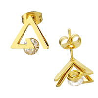 Roestvrij staal Stud Earrings, Driehoek, gold plated, met zirkonia, 11.50x11.50x13.50mm, Verkocht door pair