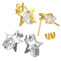 Cubic Zircon ( CZ ) Stud Earring, ROSTFRITT STÅL, Star, plated, med cubic zirconia, fler färger för val, 17x17.50x16mm, Säljs av Par