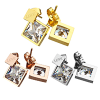 Cubic Zircon ( CZ ) Stud Earring, ROSTFRITT STÅL, Rhombus, ordet kärlek, plated, med cubic zirconia & fasetterad, fler färger för val, 13.50x18x14mm, Säljs av Par